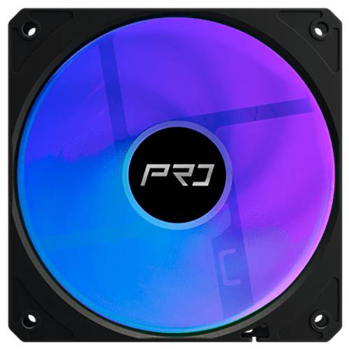 Schwarzer PC-Kühlventilator mit RGB-beleuchteten Rotorblättern, mit einem Blau-zu-Lila-Farbverlauf und 