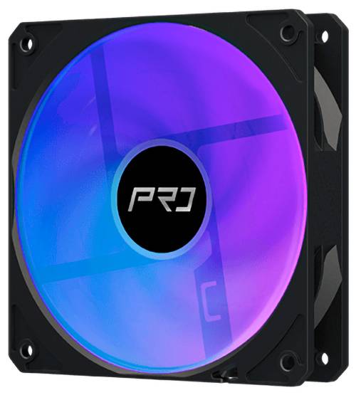 Schwarzer PC-Kühlventilator mit großem blauviolett LED-beleuchteter Schaufel und 