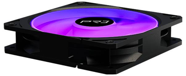 Schwarzer Computer-Kühlventilator mit einem violett leuchtenden LED-Ring und 