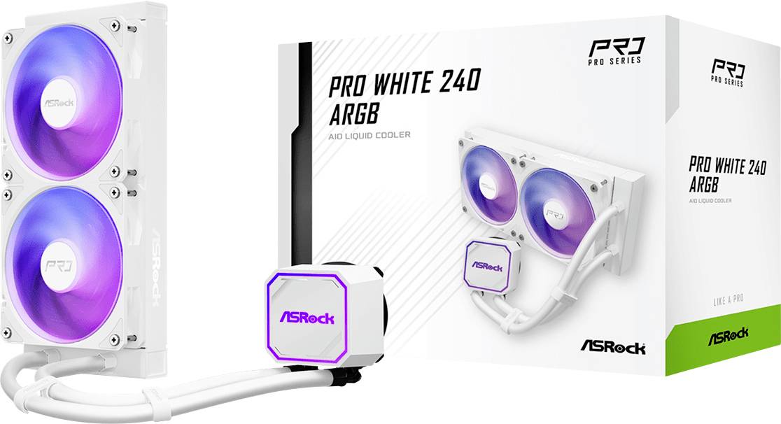 ASRock Pro White 240 ARGB Flüssigkeitskühler für CPU mit weißen dualen RGB-Lüftern, Pumpenblock und Einzelhandelsverpackung auf weißem Hintergrund dargestellt.