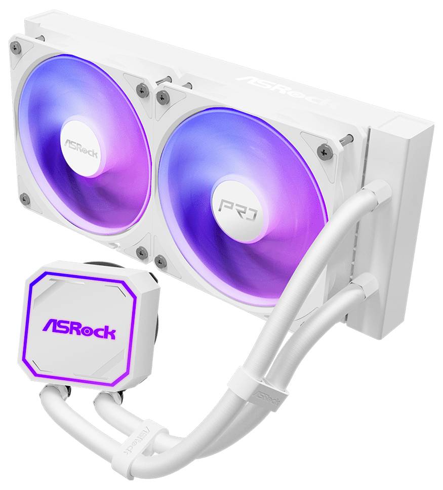 Weiße ASRock-Flüssigkeitskühlung für die CPU mit dualen RGB-Lüftern und leuchtender Pumpeneinheit, gezeigt mit weißen Schläuchen auf einfachem Hintergrund.