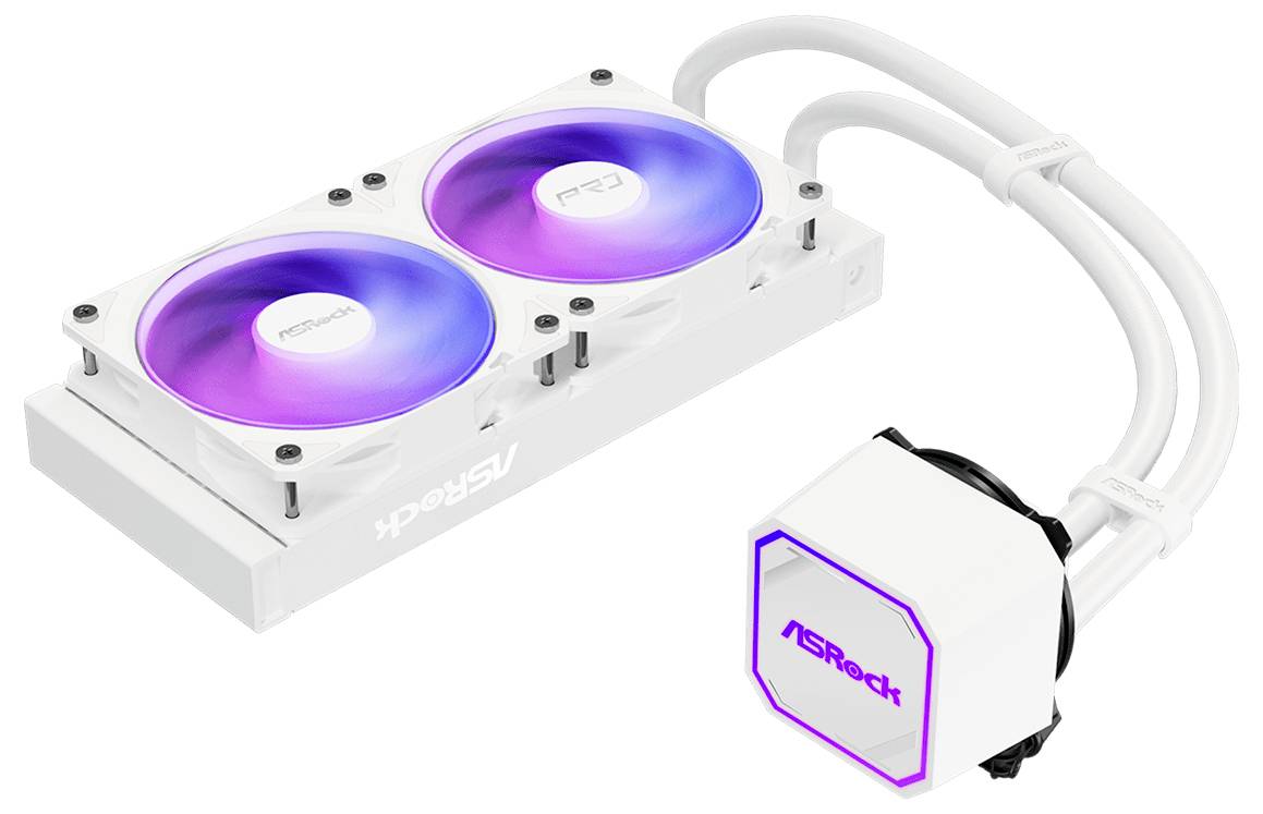 Weißer ASRock Flüssig-CPU-Kühler mit zwei violett-blau beleuchteten Lüftern und einem leuchtenden Pumpenkopf, die durch weiße Schläuche verbunden sind.