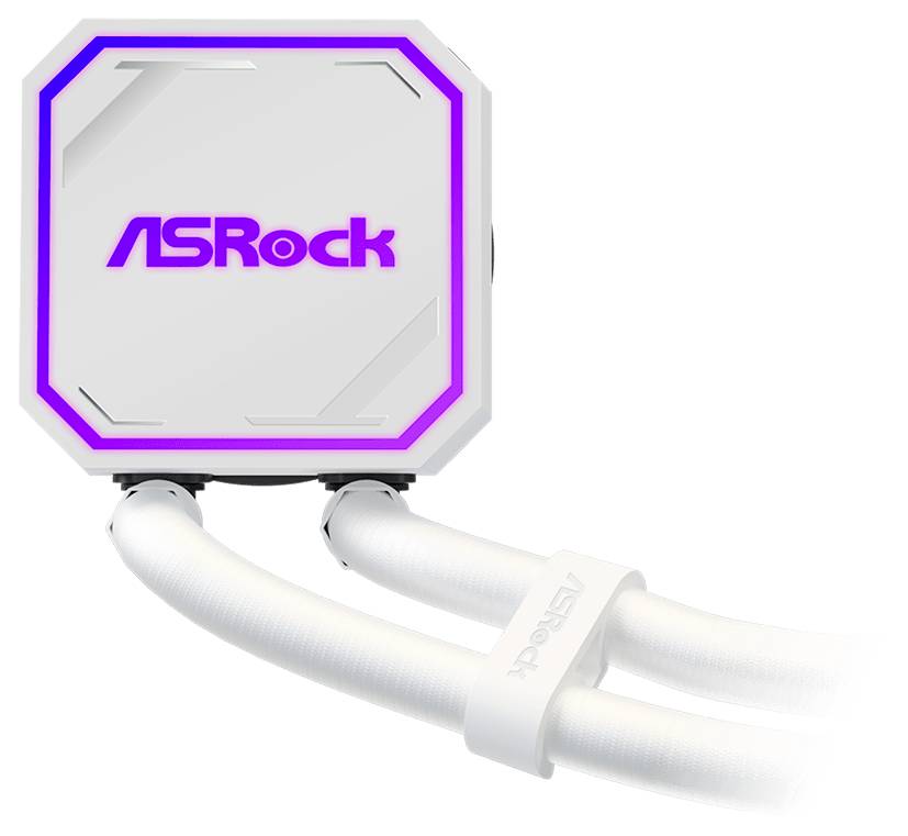 ASRock Flüssigkeits-CPU-Kühlblock mit RGB-Logo und weißen geflochtenen Schläuchen auf weißem Hintergrund.