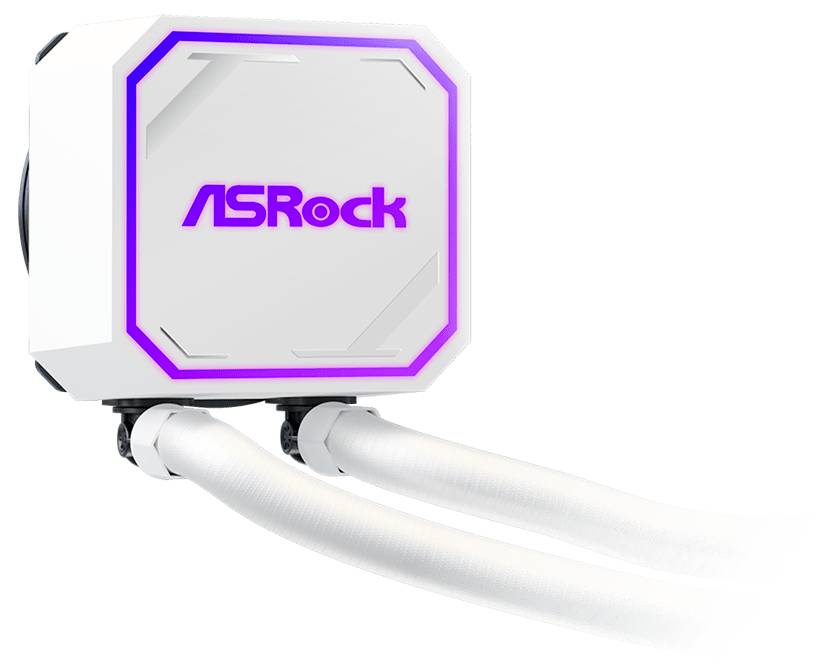 Weiße ASRock-Flüssigkeits-CPU-Kühler-Pumpe mit violett beleuchtetetem Logo und zwei angeschlossenen Schläuchen auf weißem Hintergrund