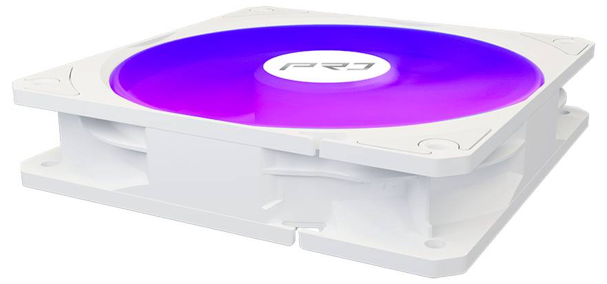 Weißes Computergehäuse-Lüfter mit violett beleuchteter LED-Lüfterblatt und transparentem Rahmen auf weißem Hintergrund.