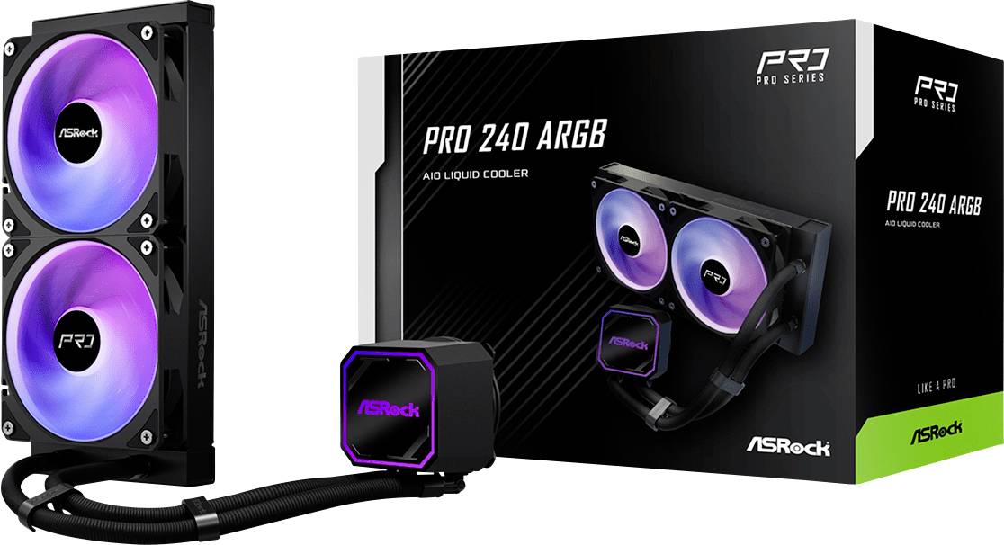 ASRock Pro 240 ARGB Flüssig-CPU-Kühlerset mit dualen RGB-Lüftern, Pumpenblock, Schläuchen und Retail-Box-Verpackung.