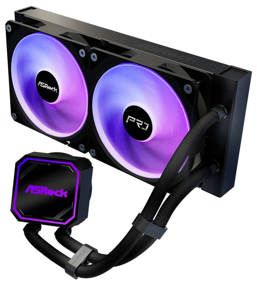 ASRock Flüssigkühler für CPU mit zwei RGB-Lüftern und einem quadratischen Pumpenkopf, verbunden durch geflochtene Schläuche.
