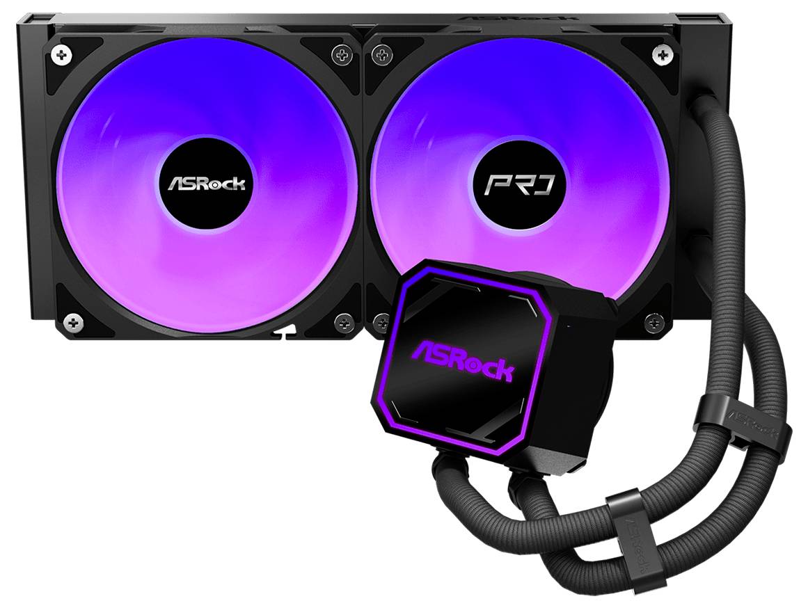 ASRock Flüssigkeitskühler für CPU mit zwei RGB-Lüftern und leuchtendem Pumpenkopf, schwarze Schläuche angebracht.