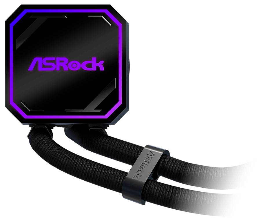 ASRock-Marken-quadratisches RGB-Flüssigkeits-CPU-Kühlerpumpe mit zwei schwarzen geflochtenen Schläuchen auf weißem Hintergrund.