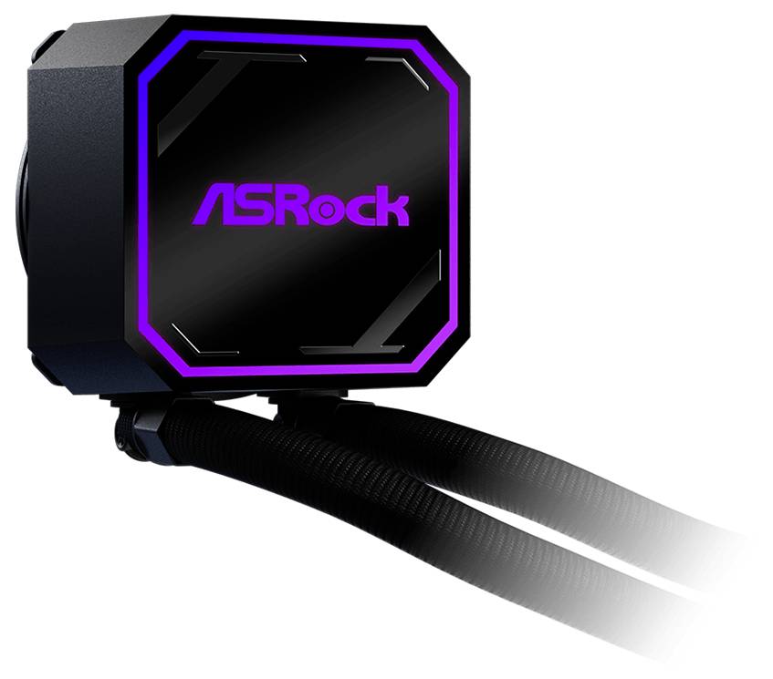 ASRock Flüssig-CPU-Kühler mit Pumpe, RGB-beleuchteter quadratischer Kühlblock und zwei schwarzen geflochtenen Schläuchen auf weißem Hintergrund