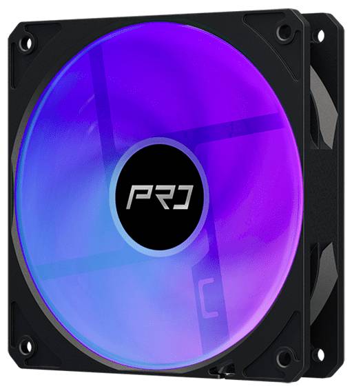 Schwarzes Computergehäuse-Lüfter mit RGB blau-violett beleuchteten Schaufeln und 