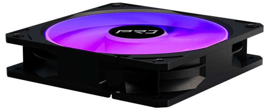 Schwarzer Computergehäuselüfter mit violetter LED-Beleuchtung und „PSU