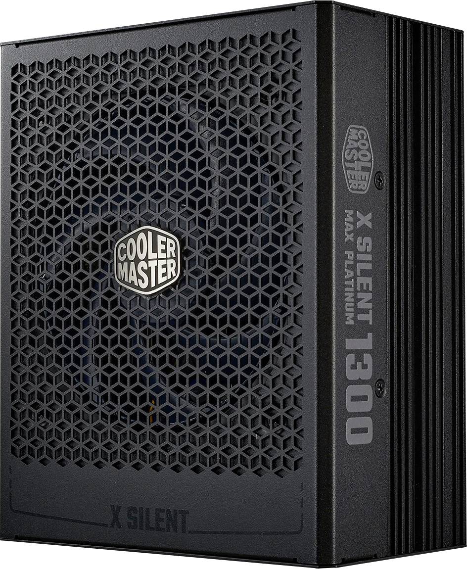Schwarzes Cooler Master X Silent Max Platinum 1300 Netzteil mit sechseckigem Gitter und Logo auf der Frontplatte.