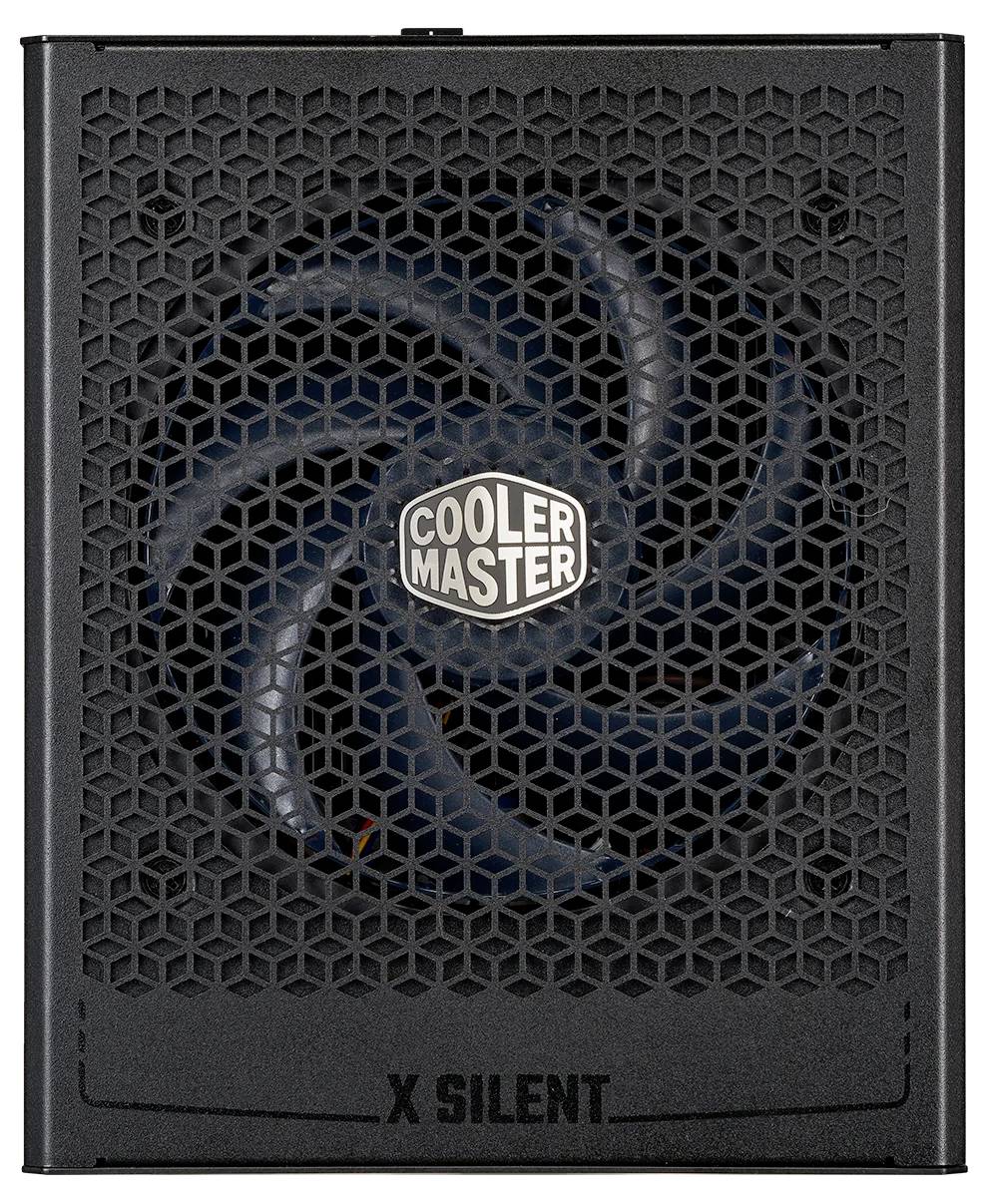 Schwarze Cooler Master X Silent Stromversorgungseinheit für Computer mit sechseckigem Gitter und sichtbarem Logo des Kühlerlüfters.