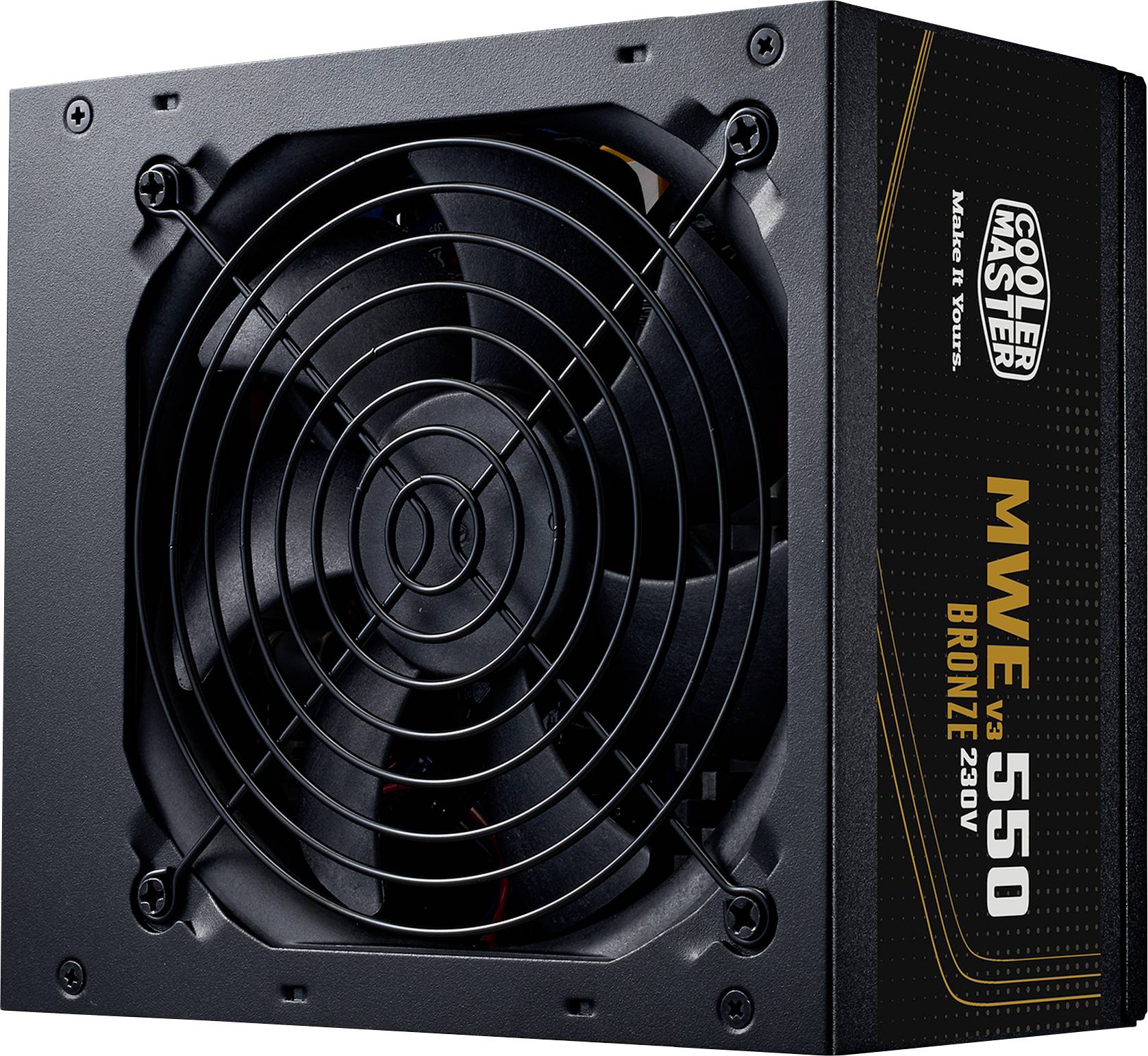 Netzteil »Cooler Master MWE 550 Bronze 230V« mit Lüfter und sichtbarer Produktkennzeichnung. Konzipiert für Desktop-Computer.