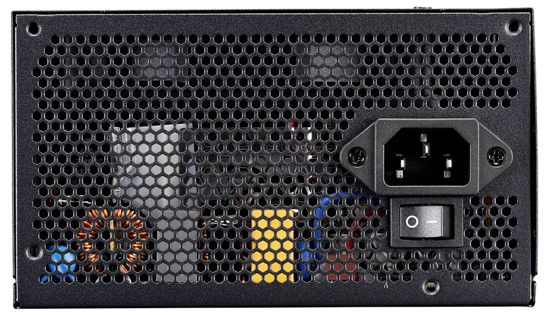 Das Bild zeigt die Rückseite eines schwarzen Computernetzteilgeräts mit einem Gitterventil, einem Netzschalter und einer elektrischen Steckdose.