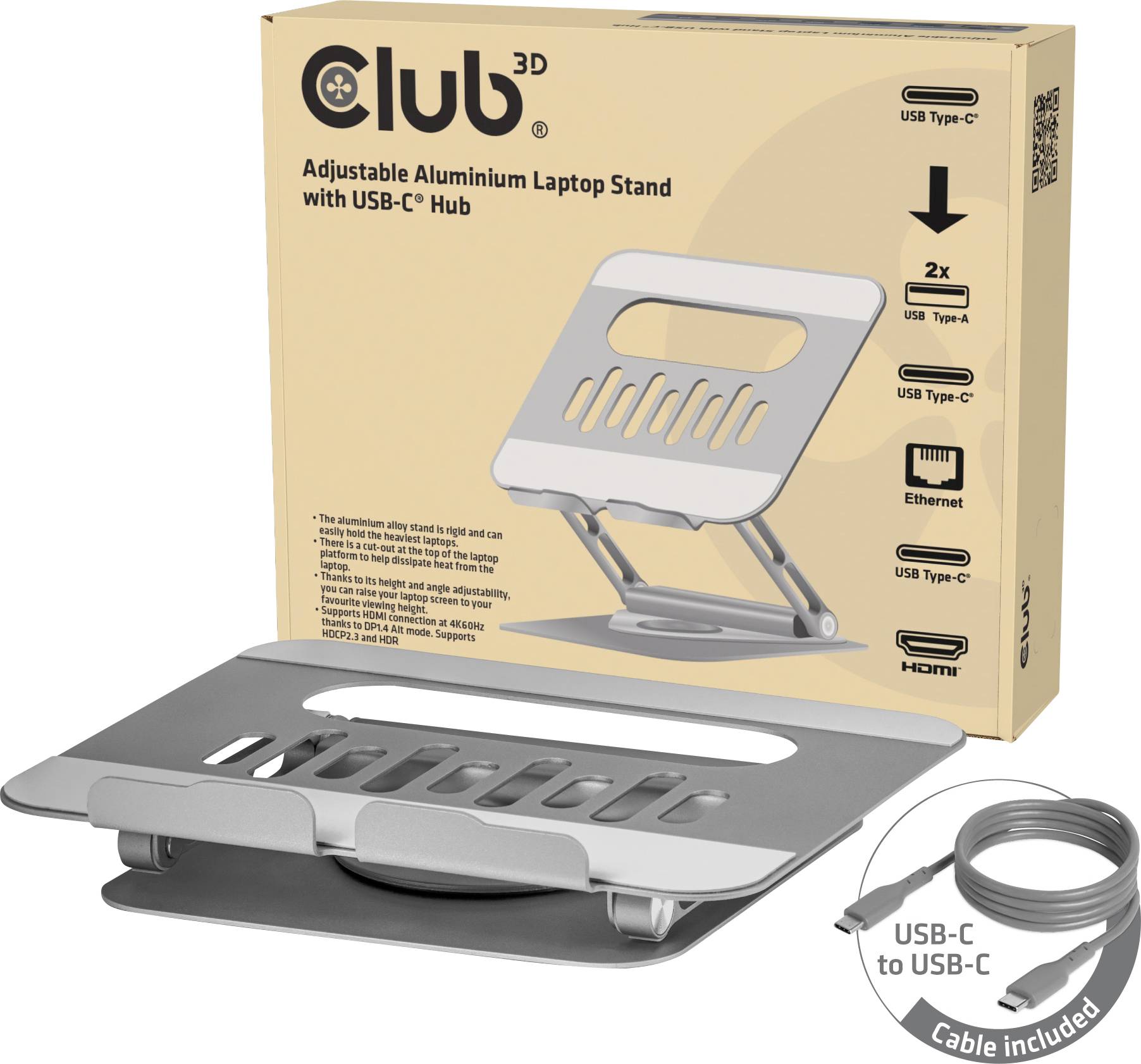 Aluminium-Laptop-Ständer mit USB-C-Hub, verstellbare Höhe, wird mit USB-C zu USB-C-Kabel geliefert. Die Verpackung zeigt das Bild des Ständers und die Konnektivitätsoptionen.