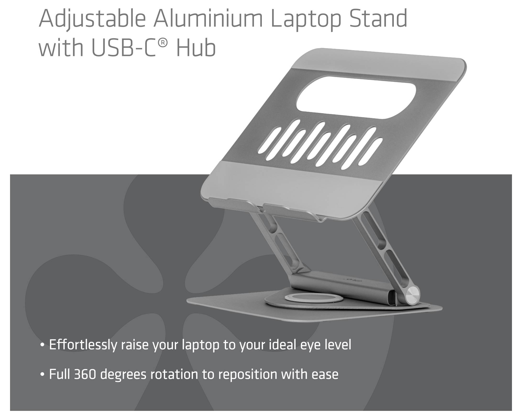 Verstellbarer Aluminium-Laptop-Ständer mit USB-C-Hub, dargestellt in geneigter Position. Zu den Funktionen gehören Höhenverstellung und 360-Grad-Rotation.