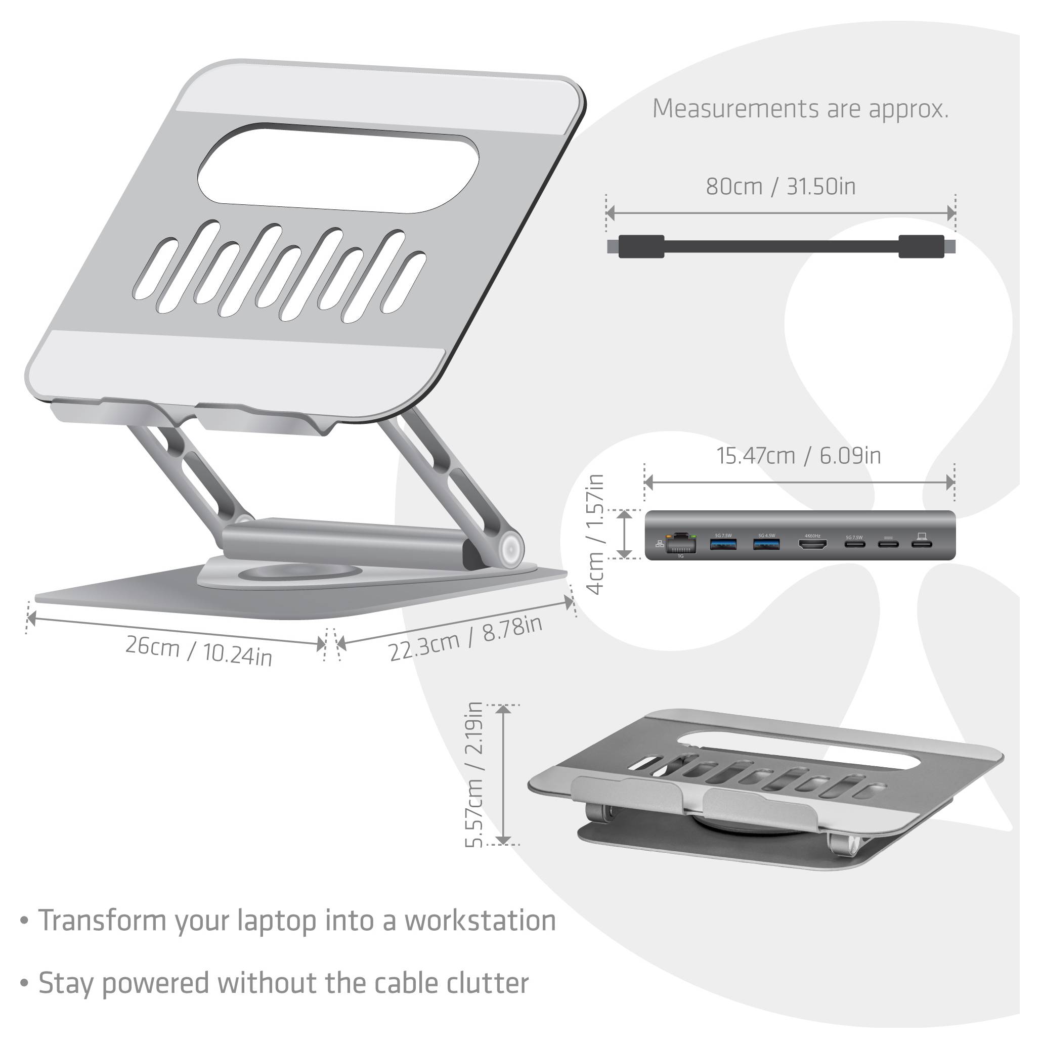 Verstellbarer Laptop-Ständer mit Kabelmanagement, Abmessungen: Höhe-52cm, Breite-26cm, Tiefe-22,3cm. Mehrere Stromanschlüsse enthalten.