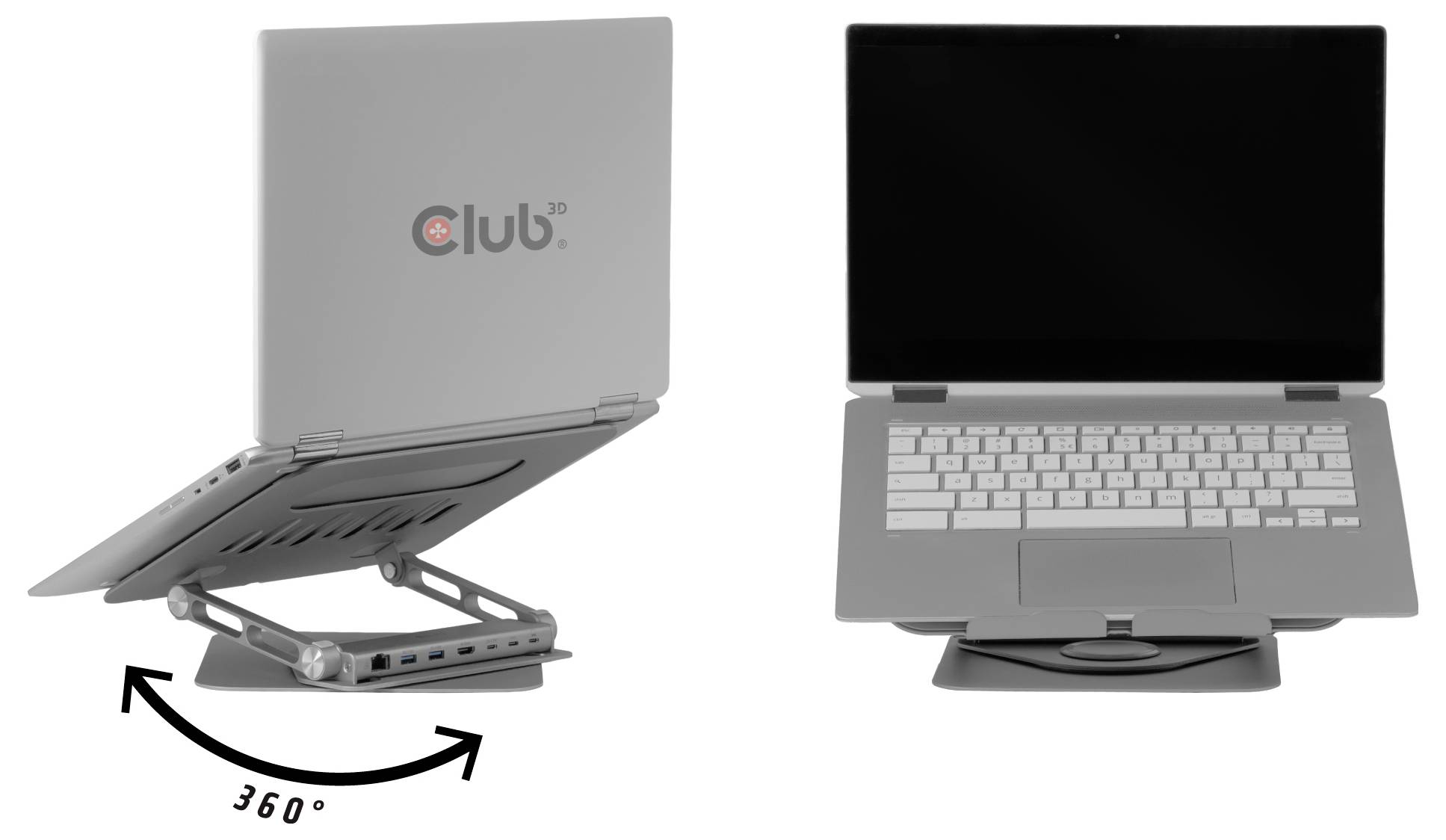 Ein Laptop auf einem verstellbaren Ständer, der seine Fähigkeit zeigt, sich um 360 Grad zu neigen, was die ergonomische Nutzung und die Luftzirkulation unter dem Gerät verbessert.