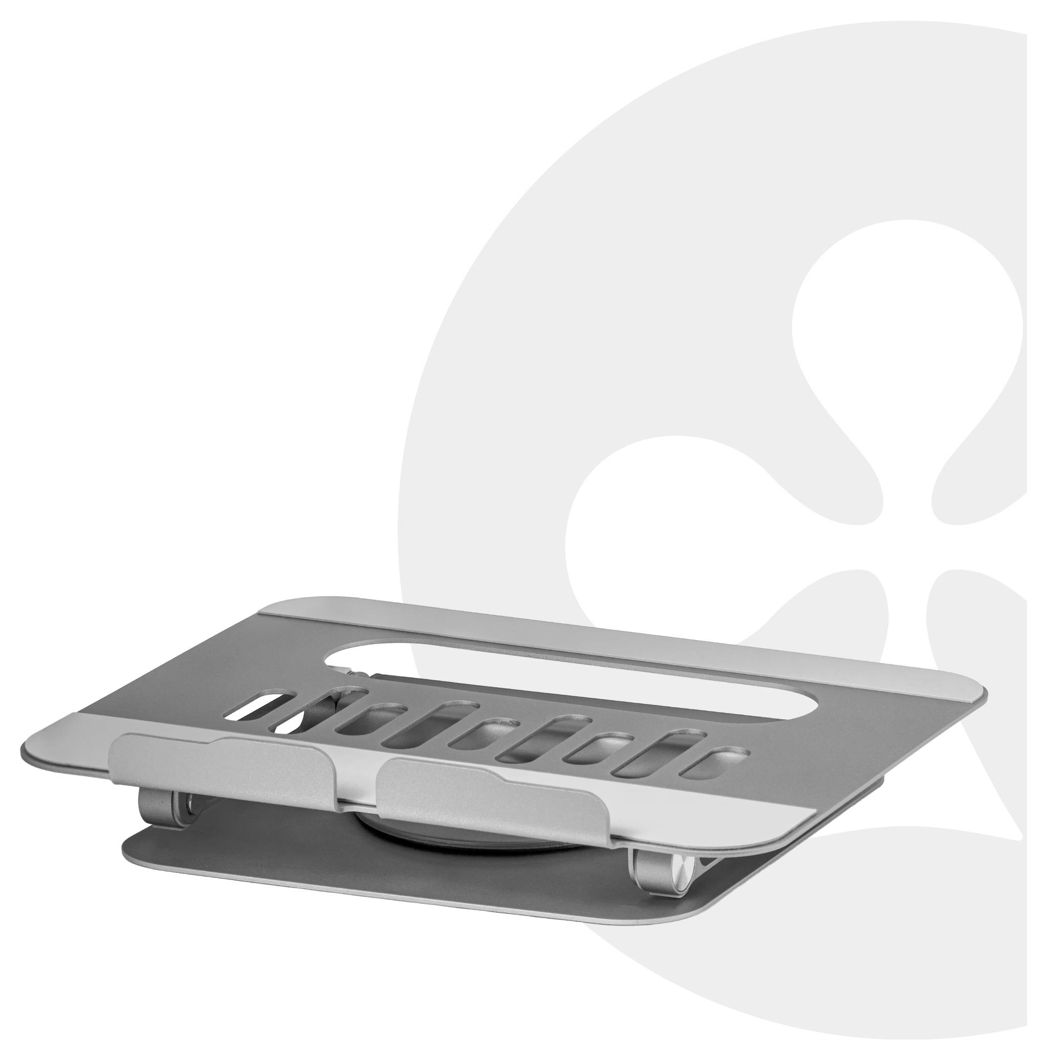 Laptop-Ständer mit verstellbaren Winkeln, entwickelt für ergonomische Bildschirmpositionierung. Hergestellt aus grauem Metall mit Belüftungsschlitzen.