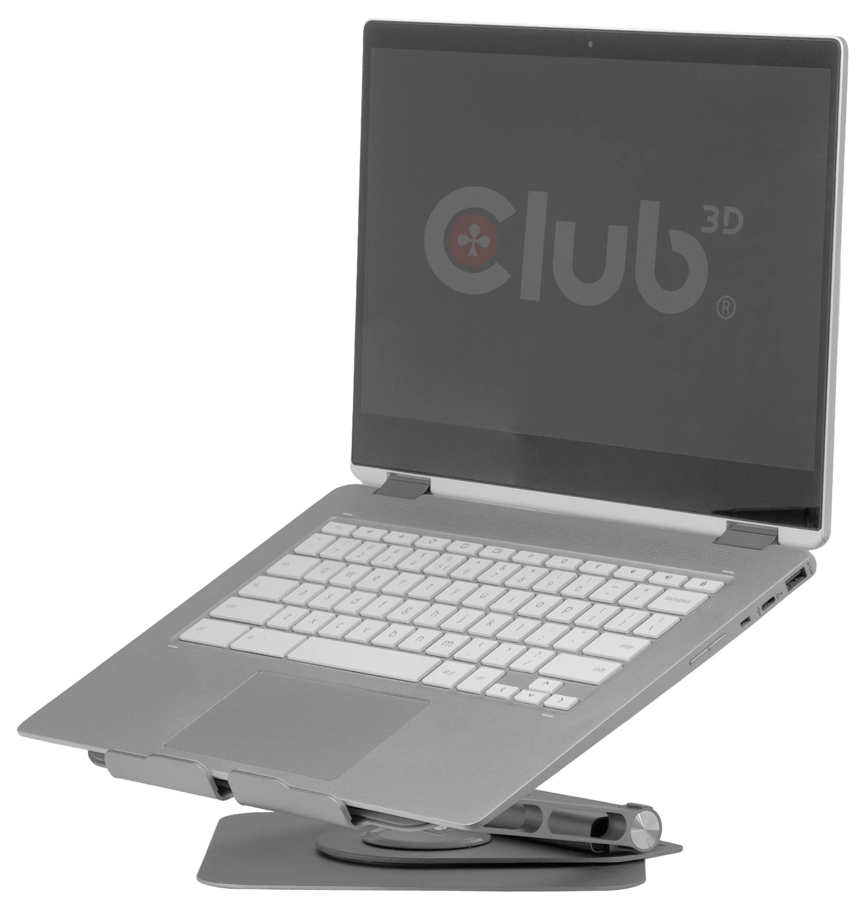 Ein silberner Laptop auf einem verstellbaren Ständer, teilweise geöffnet, zeigt eine Tastatur und einen Bildschirm. Der Ständer ermöglicht verschiedene Betrachtungswinkel.