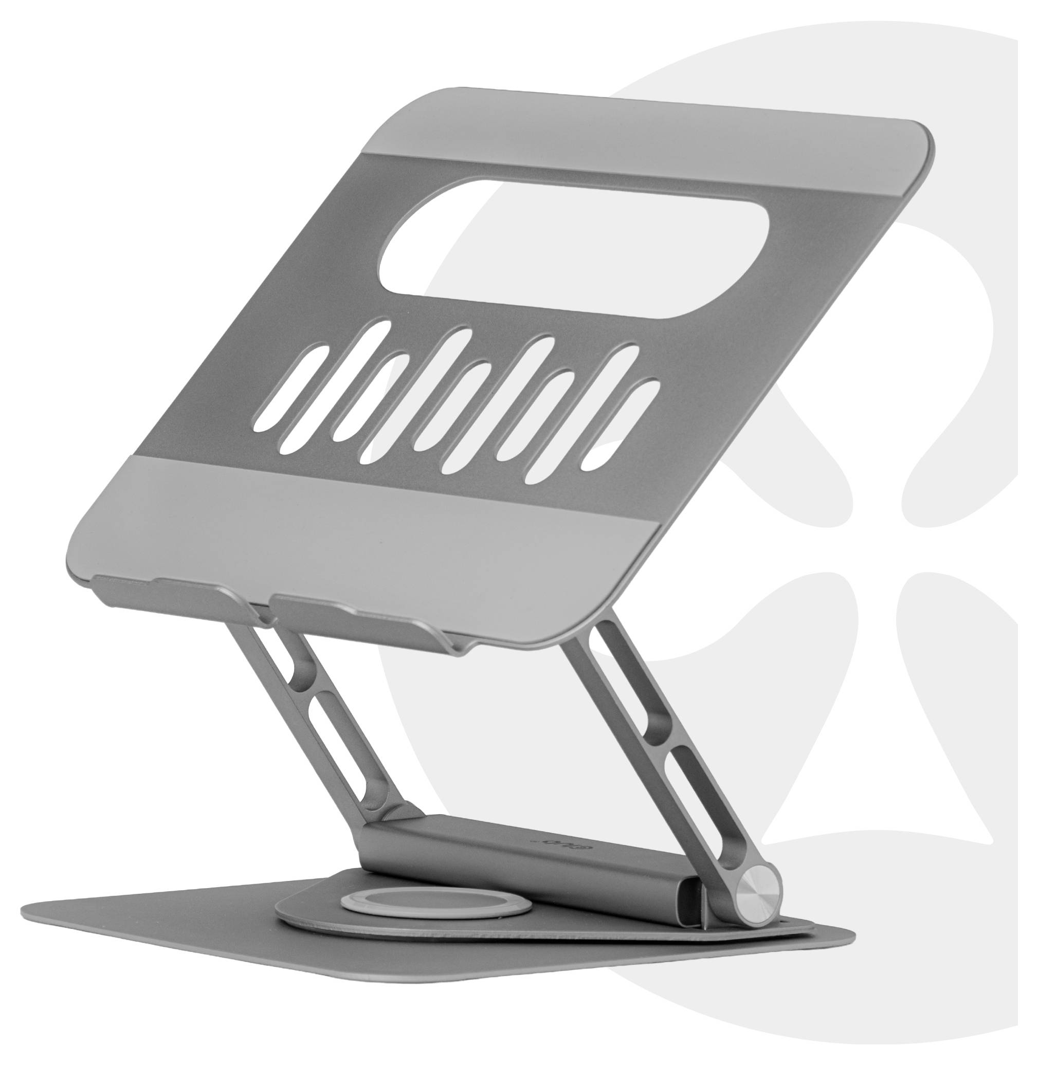 Verstellbarer grauer Laptop-Ständer mit Belüftungsschlitzen, ergonomisch gestaltet. Mit ausgeschnittenem Griff und klappbarem Design für Portabilität.