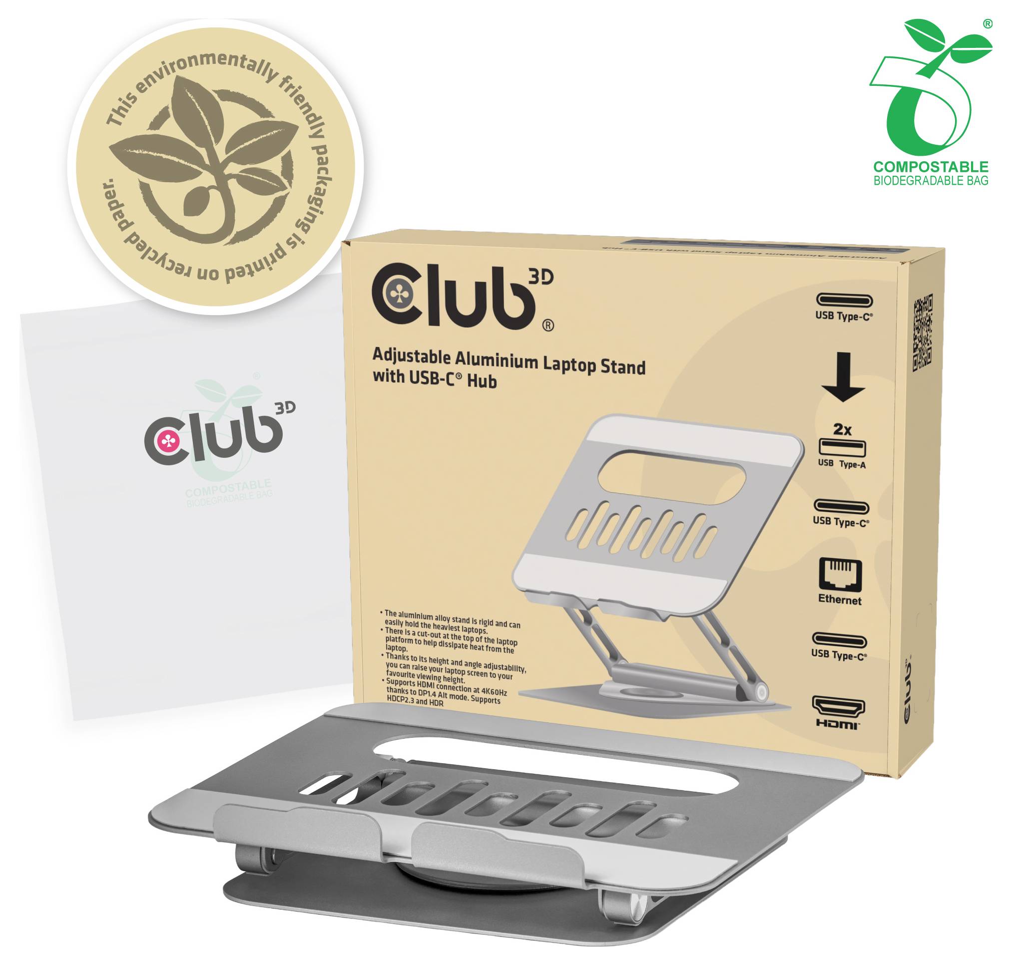 „Club3D Verstellbarer Aluminium-Laptopständer mit USB-C-Hub