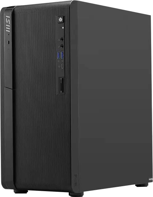 Schwarzer MSI-Desktop-Computer-Tower mit vorderem Ein-/Ausschalter, USB-Anschlüssen und optischem Laufwerk auf einfachem weißem Hintergrund