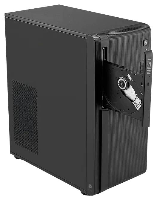 Schwarzes Desktop-Computergehäuse mit geöffnetem Seitenpanel, das ein internes Laufwerkschacht und einen vorderen Netzschalter zeigt.