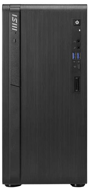 Vorderansicht eines schwarzen MSI-Desktop-Tower-PCs mit vertikalem geripptem Frontpanel und vorderen USB-Anschlüssen, Audio-Buchsen und Ein-/Ausschalter.