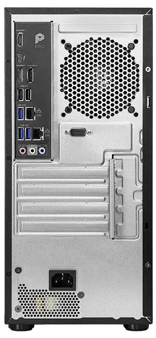 Rückansicht eines Desktop-PC-Gehäuses mit USB-, Audio- und Netzwerkanschlüssen, Erweiterungssteckplätzen, Kühlungsöffnungen, Stromeingang und Kabelzugriffsplatte.