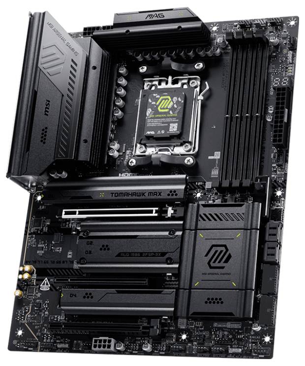 Ein Computer-Motherboard mit verschiedenen Steckplätzen und Komponenten mit der Beschriftung „TOMAHAWK MAX.