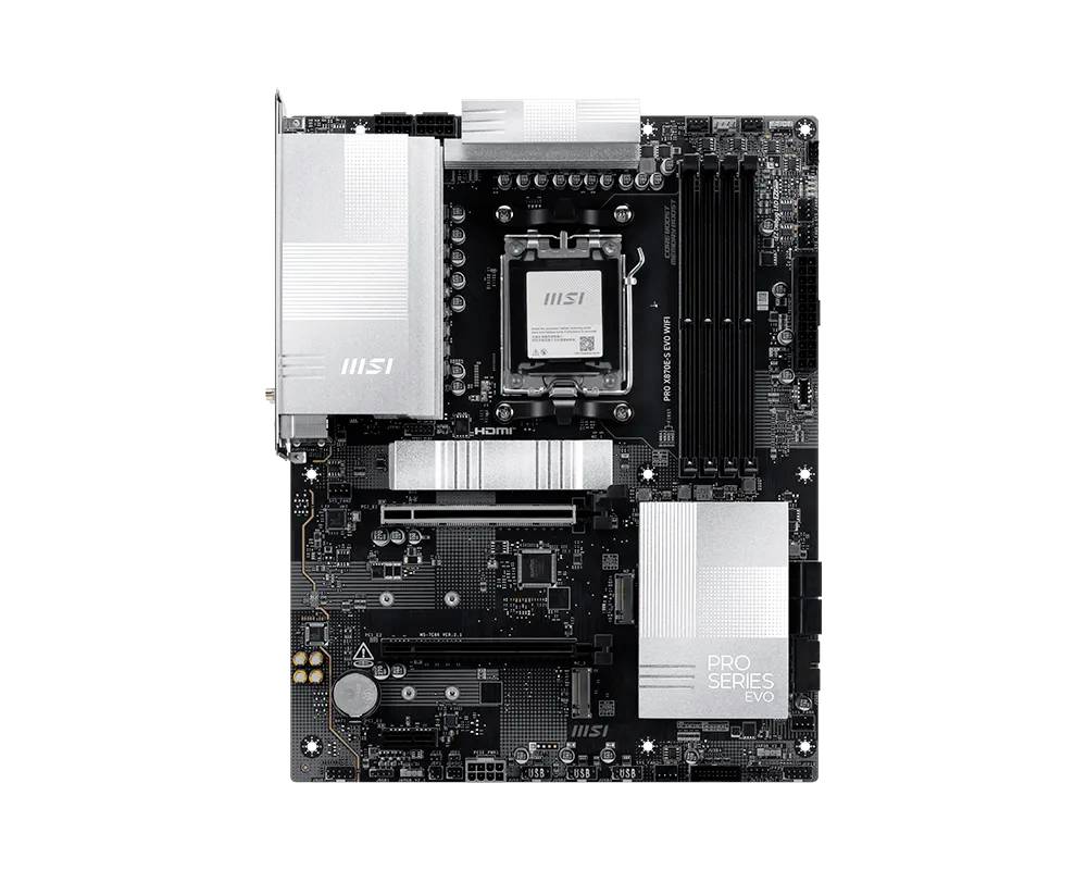 MSI PRO Serie Mainboard mit CPU-Sockel, RAM-Steckplätzen, PCIe-Steckplatz und silbernen Kühlkörpern auf schwarzem Board.