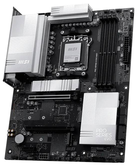 MSI PRO SERIES EVO Motherboard mit Intel-CPU-Sockel, RAM-Steckplätzen, Kühlkörpern und Erweiterungssteckplätzen auf einer schwarzen Leiterplatte.