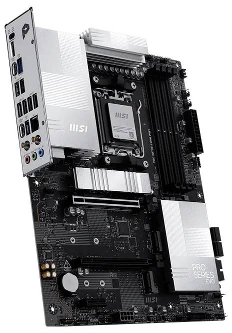 MSI PRO Series EVOR Motherboard mit CPU-Sockel, RAM-Steckplätzen, PCIe-Steckplätzen, Kühlkörpern und sichtbaren Rear-I/O-Anschlüssen.