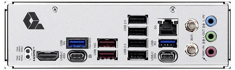 Hinteres Computer-I/O-Panel mit mehreren Anschlüssen: HDMI, USB-C, mehrere USB-A, Ethernet, Koaxial- und Audiobuchsen sowie Line-Out-, Mikrofon- und Line-In-Anschlüsse.