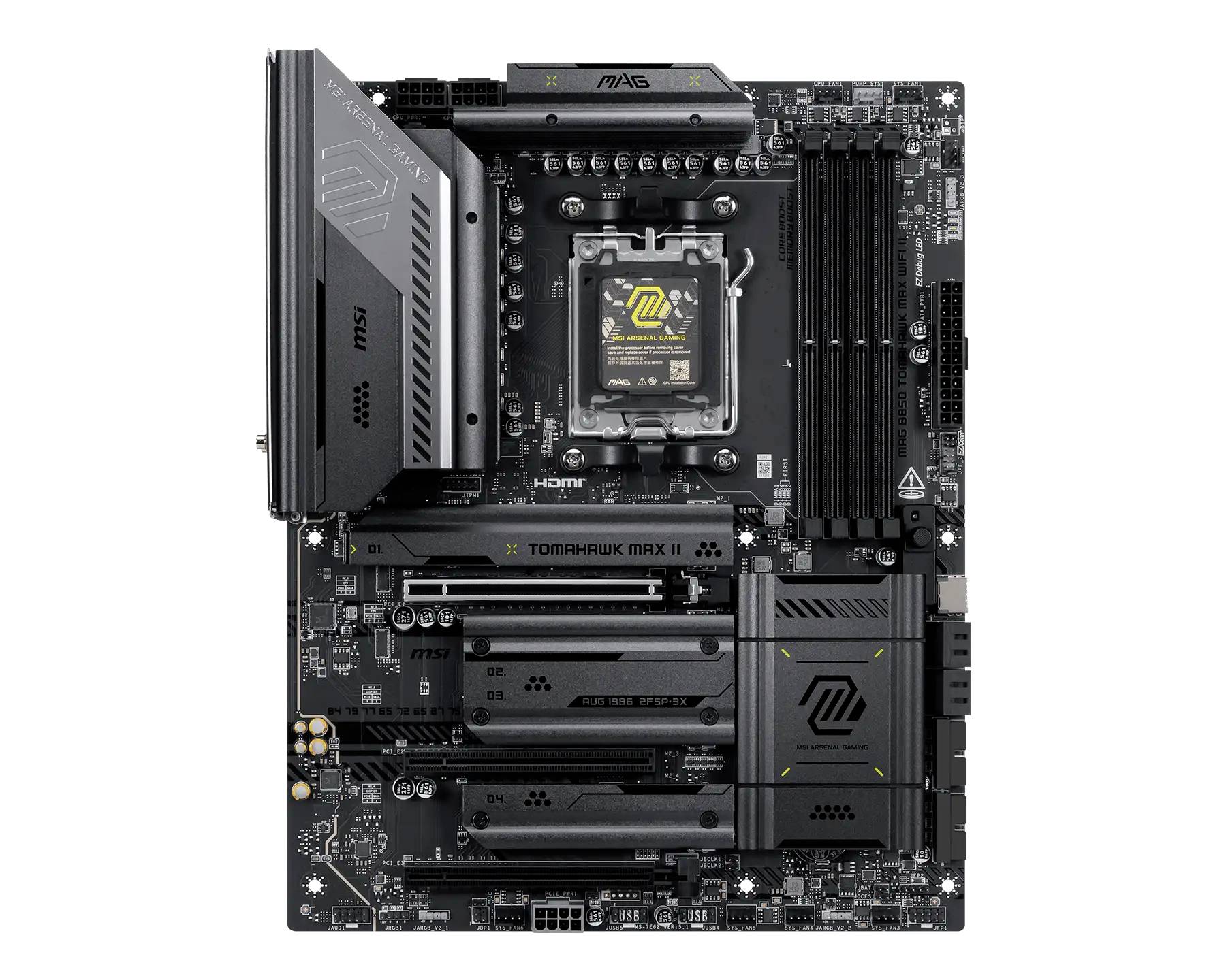 Ein schwarzes MSI MAG Tomahawk-Motherboard, das von vorne gezeigt wird, mit sichtbarem CPU-Sockel, RAM-Steckplätzen, PCIe-Steckplätzen, Kühlkörpern und Stromsteckern.