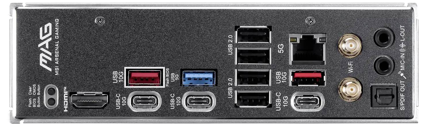 Rückansicht eines MAGE-Gaming-Motherboards I/O-Panel mit HDMI-, USB-C-, USB-A-, Ethernet-, Wi-Fi-Antennenverbindungen und Audioanschlüssen.