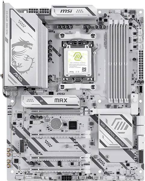 Ein Computer-Motherboard mit mehreren PCIe-Steckplätzen, RAM-Steckplätzen und einem CPU-Sockel. Das Design umfasst silberfarbene und weiße Komponenten.