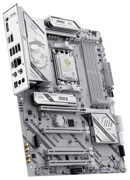 Ein silber- und weißes Computer-Mainboard mit mehreren Steckplätzen für RAM, einem CPU-Sockel und einer Reihe von Anschlüssen an der Seite für die Konnektivität.