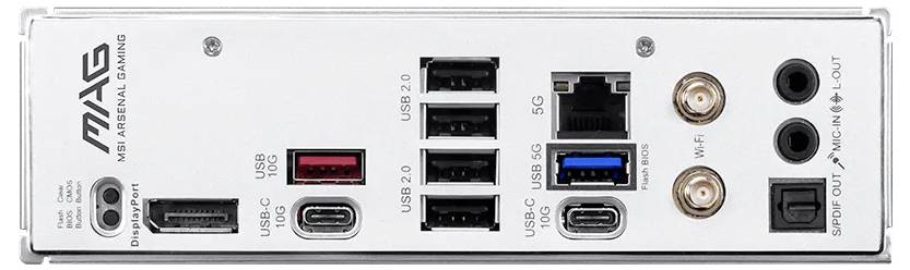 Das Rückpanel eines Gaming-Motherboards verfügt über USB-Anschlüsse, Ethernet, HDMI, DisplayPort, Wi-Fi-Stecker und Audiobuchsen für Konnektivität.