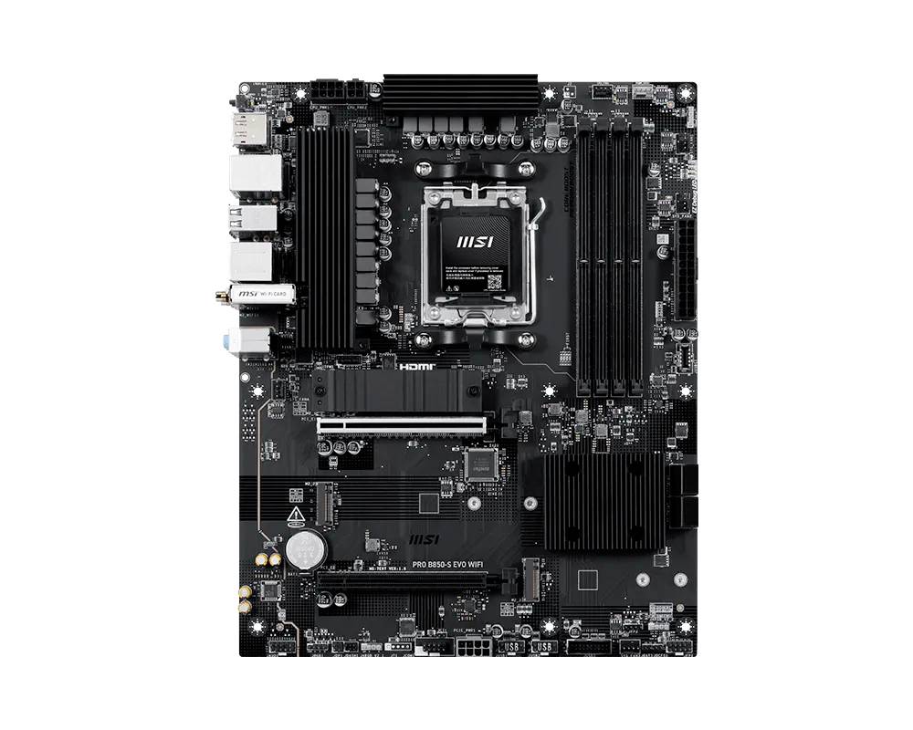 MSI-Motherboard mit Intel-CPU-Sockel, vier RAM-Steckplätze, PCIe-Steckplätze und mehreren hinteren I/O-Anschlüssen, auf weißem Hintergrund dargestellt.