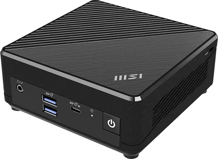 Kompakter MSI Mini-PC mit Stromschalter an der Vorderseite, Kopfhörerbuchse, zwei USB-A-Anschlüssen und einem USB-C-Anschluss auf einem schwarz gestreiften Gehäuse.