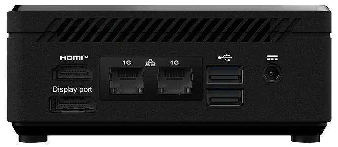 Rückansicht eines kleinen Computers oder Mini-PCs mit HDMI, DisplayPort, zwei Ethernet-Anschlüssen, zwei USB-Anschlüssen und einer Stromversorgungsbuchse.