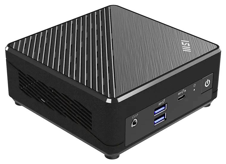 Kompakter schwarzer Mini-Desktop-Computer mit strukturierter Oberseite, vorderer Ein-/Aus-Taste, Audiobuchse, USB-Anschlüssen und USB-C-Anschluss.