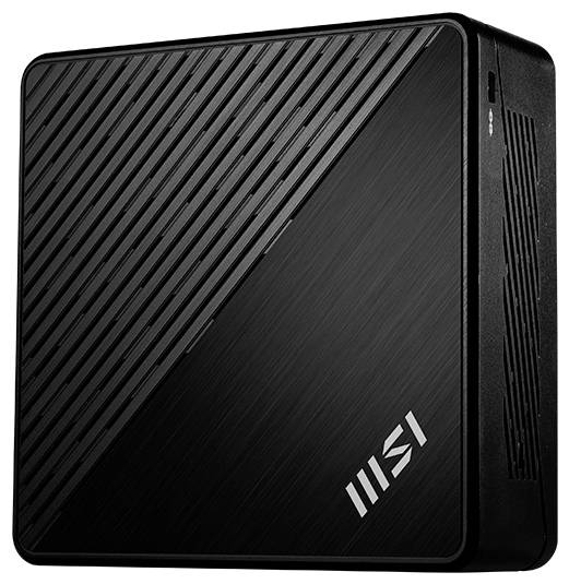 Schwarzes MSI Mini-Desktop-PC-Gehäuse mit diagonal gerillter Frontplatte und Seitenlüftungsöffnungen auf weißem Hintergrund