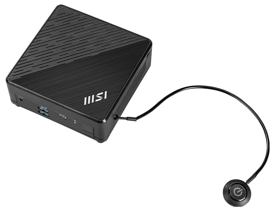 MSI Mini-Desktop-Computer mit an einem Kabel befestigtem Stromschalter, gezeigt auf weißem Hintergrund.