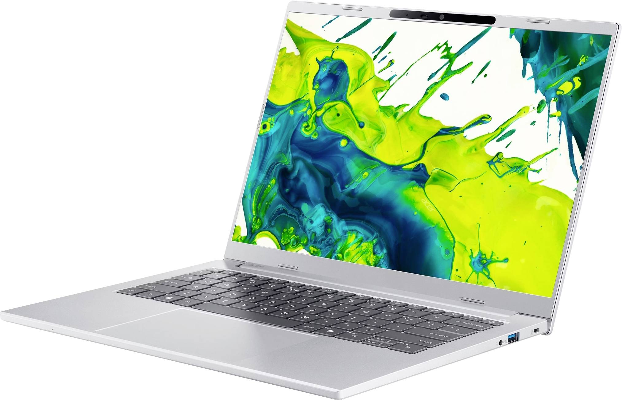Silberner Laptop in einem Winkel geöffnet, auf dem Bildschirm ein farbenfroher abstrakter grüner und blauer Spritzer zu sehen.