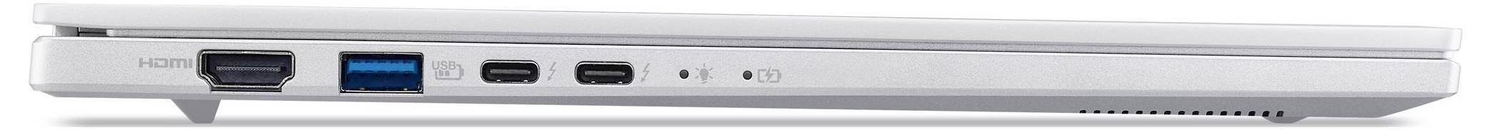 Seitenansicht der linken Kante eines silbernen Laptops mit HDMI-Anschluss, USB-A-Anschluss, Statusleuchte und Belüftungsschlitzen.